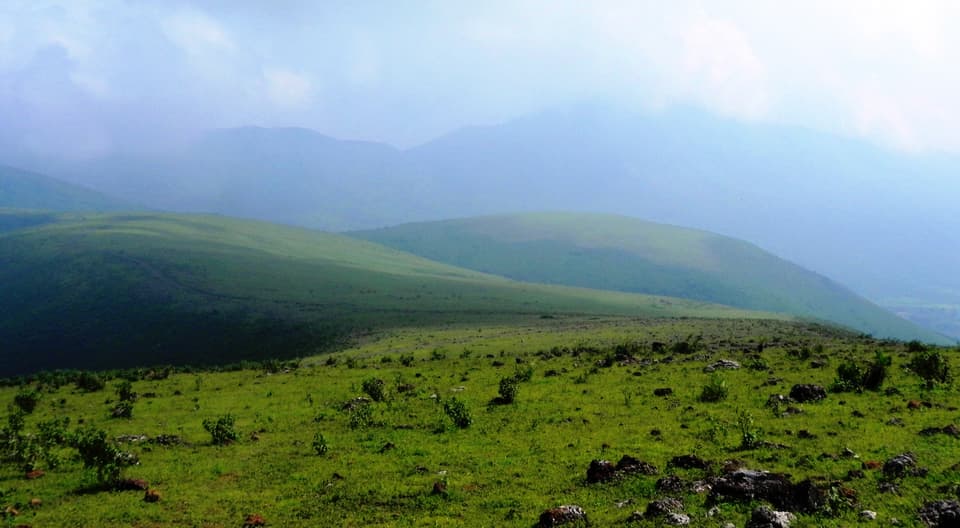 Green slopes of Deomali under a hazy sky